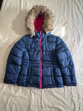 SO Navy Puffer Coat with Faux Fur Hood and Pink Accents